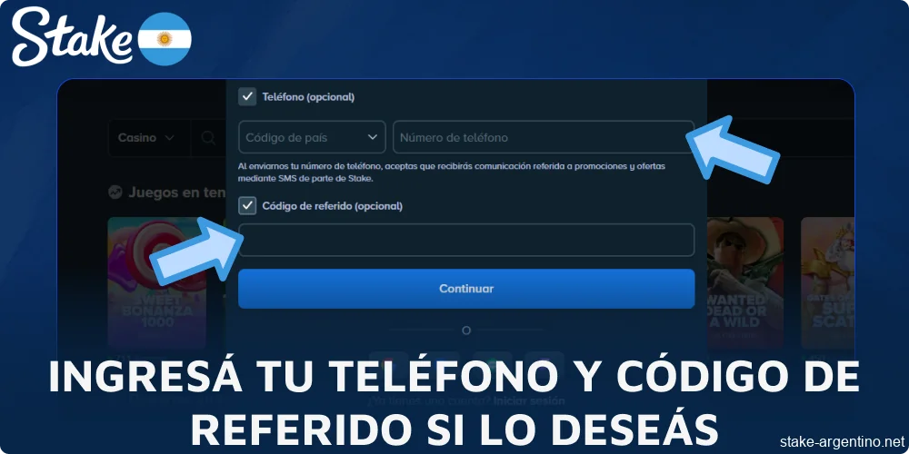 Ingresá tu teléfono y código de referido en Stake si lo deseás